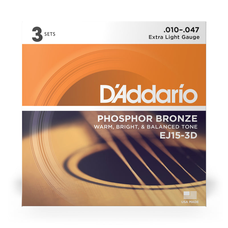 D'Addario EJ15-3D Phosphor Bronze Acoustic Guitar Strings, Extra Light, 3 Sets