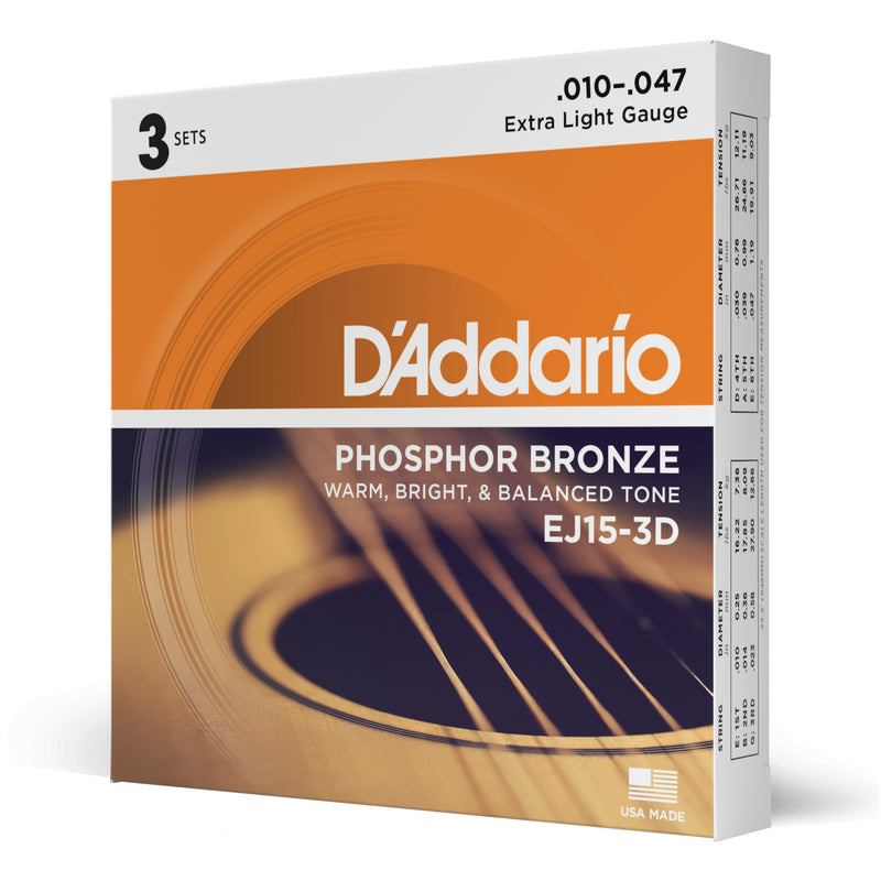 D'Addario EJ15-3D Phosphor Bronze Acoustic Guitar Strings, Extra Light, 3 Sets