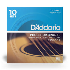 D'Addario EJ16-10P Phosphor Bronze Acoustic Guitar Strings, Light, 10 Sets