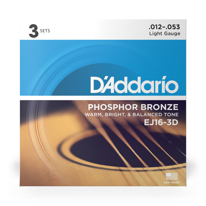 D'Addario EJ16-3D Phosphor Bronze Acoustic Guitar Strings, Light, 3 Sets