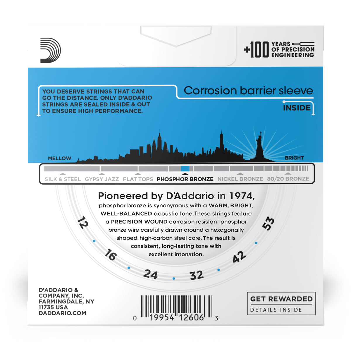 D'Addario EJ16-3D Phosphor Bronze Acoustic Guitar Strings, Light, 3 Sets