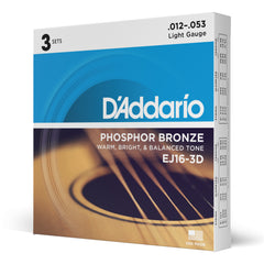 D'Addario EJ16-3D Phosphor Bronze Acoustic Guitar Strings, Light, 3 Sets