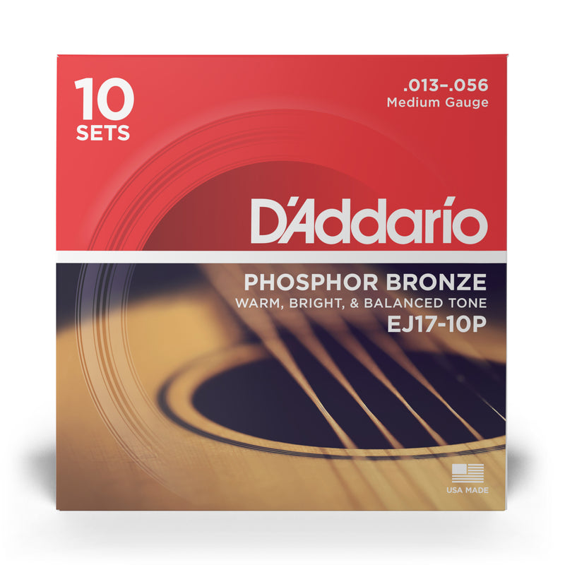 D'Addario EJ17-10P Phosphor Bronze Acoustic Guitar Strings, Medium, 13-56, 10 Sets