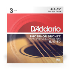 D'Addario EJ17-3D Phosphor Bronze Acoustic Guitar Strings, Medium, 13-56, 3 Sets