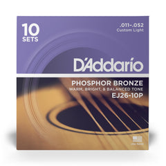 D'Addario EJ26-10P Phosphor Bronze Acoustic Guitar Strings, Custom Light, 11-52, 10 Sets