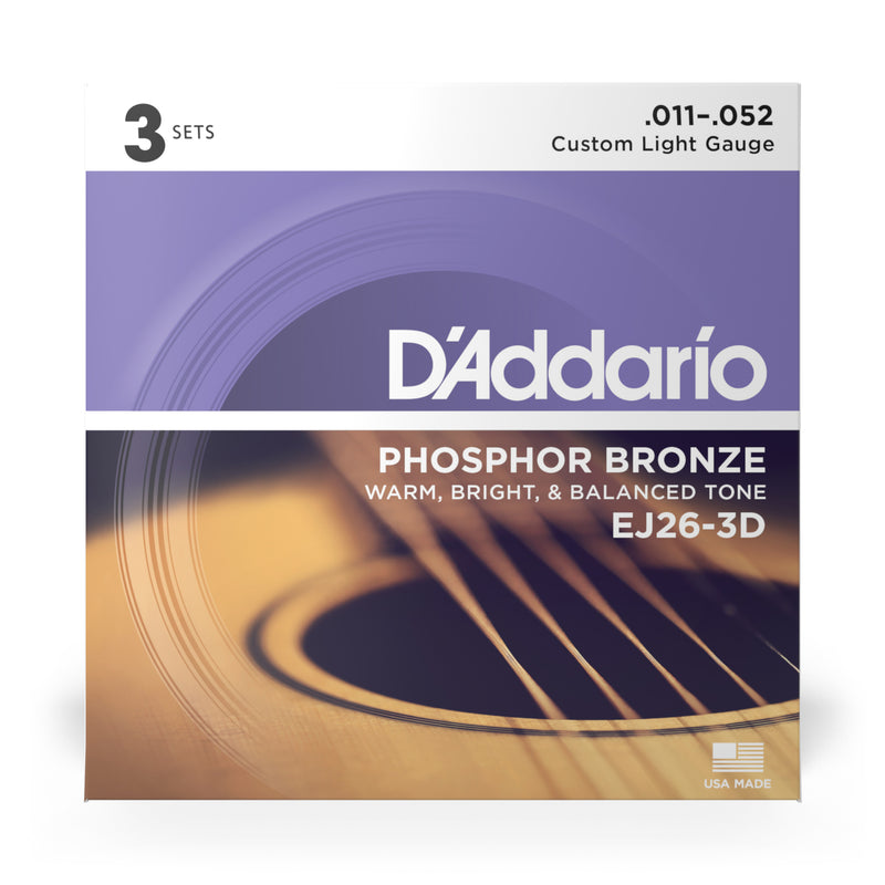 D'Addario EJ26-3D Phosphor Bronze Acoustic Guitar Strings, Custom Light, 11-52, 3 Sets