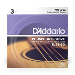 D'Addario EJ26-3D Phosphor Bronze Acoustic Guitar Strings, Custom Light, 11-52, 3 Sets