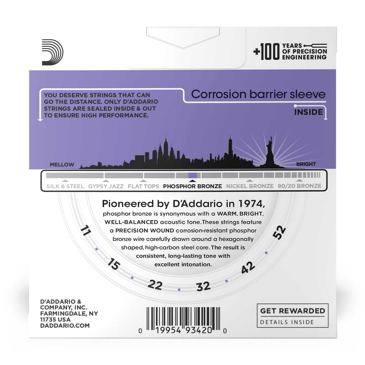 D'Addario EJ26-3D Phosphor Bronze Acoustic Guitar Strings, Custom Light, 11-52, 3 Sets