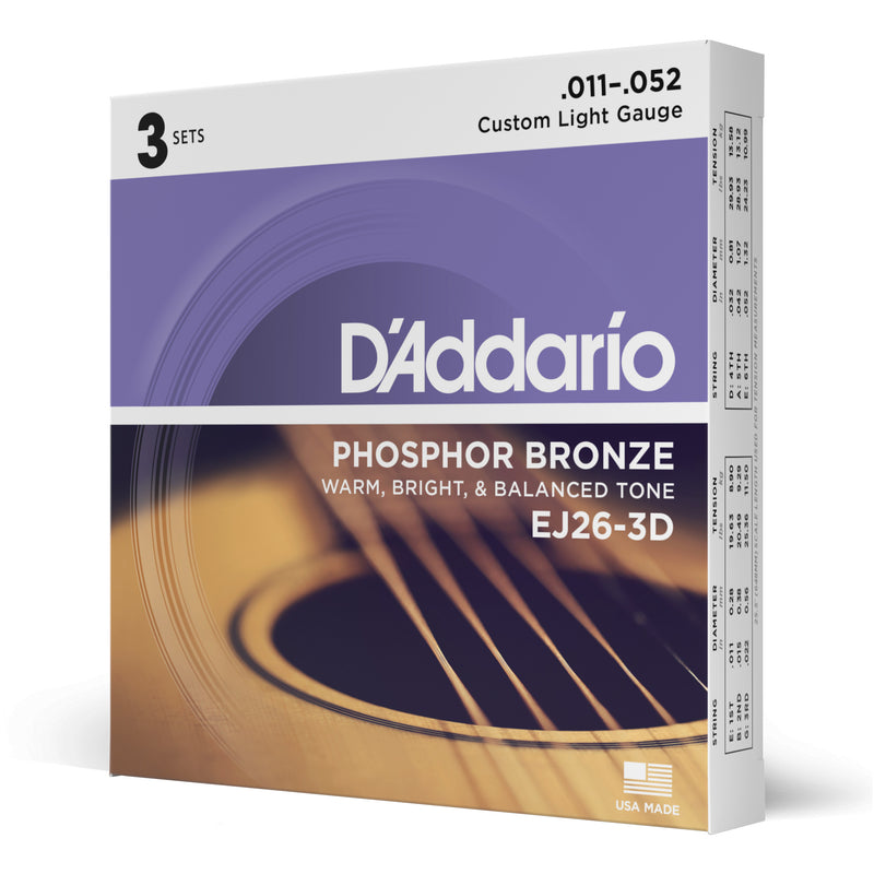 D'Addario EJ26-3D Phosphor Bronze Acoustic Guitar Strings, Custom Light, 11-52, 3 Sets