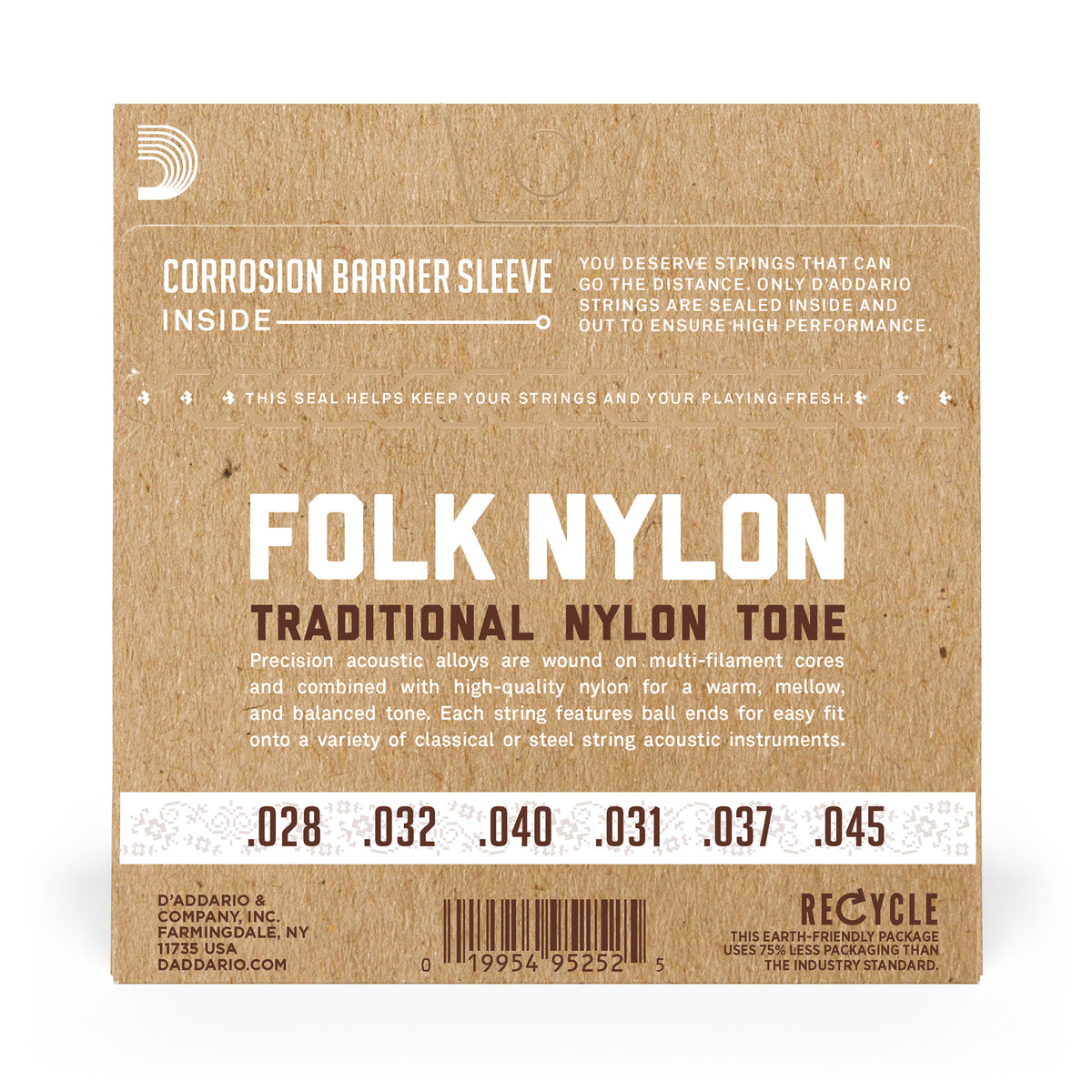 D'Addario EJ34 Folk Nylon Guitar Strings, Ball End, 80/20 Bronze/Black Nylon Trebles
