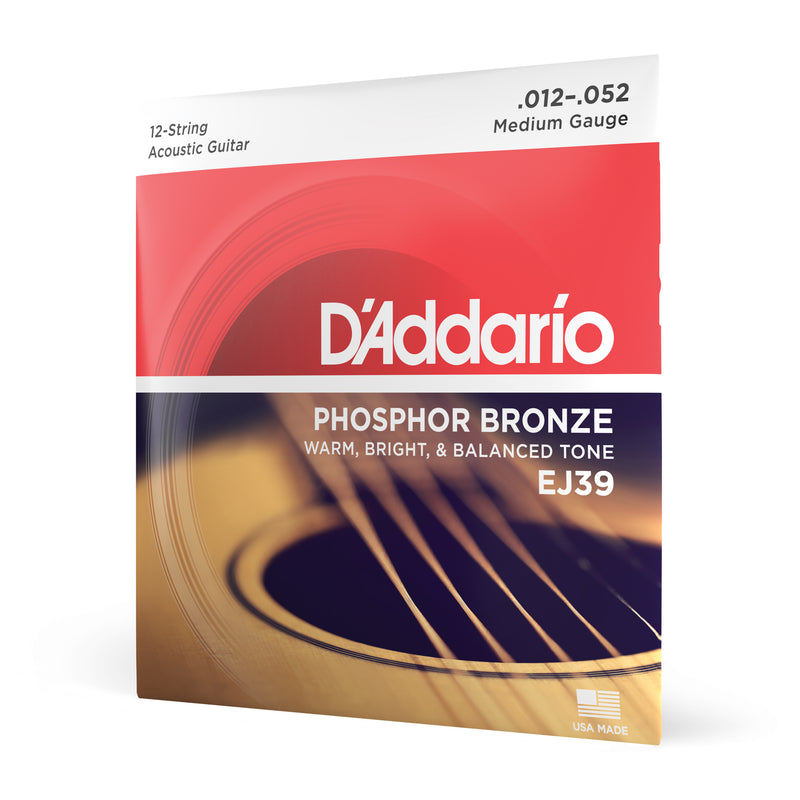 D'Addario EJ39 12-String Phosphor Bronze Acoustic Guitar Strings, Medium, 12-52
