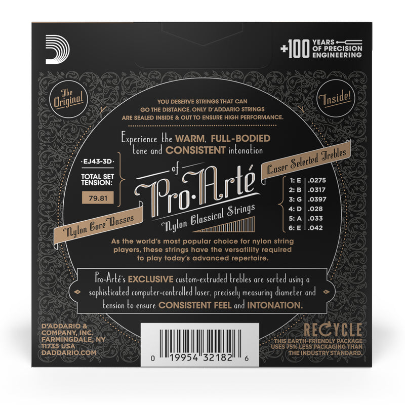 D'Addario EJ43 Pro-Arte Nylon Classical Guitar Strings, Light Tension, 3 Sets