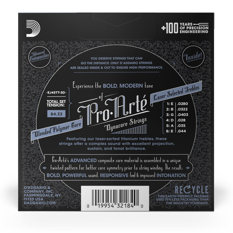 D'Addario EJ45TT ProArte DynaCore Classical Guitar Strings, Titanium Trebles, Normal Tension, 3 Sets