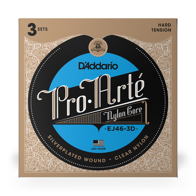 D'Addario EJ46-3D Pro-Arte Nylon Classical Guitar Strings, Hard Tension, 3 Sets