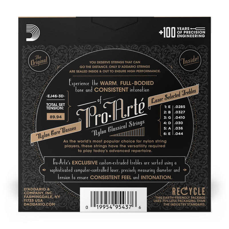 D'Addario EJ46-3D Pro-Arte Nylon Classical Guitar Strings, Hard Tension, 3 Sets