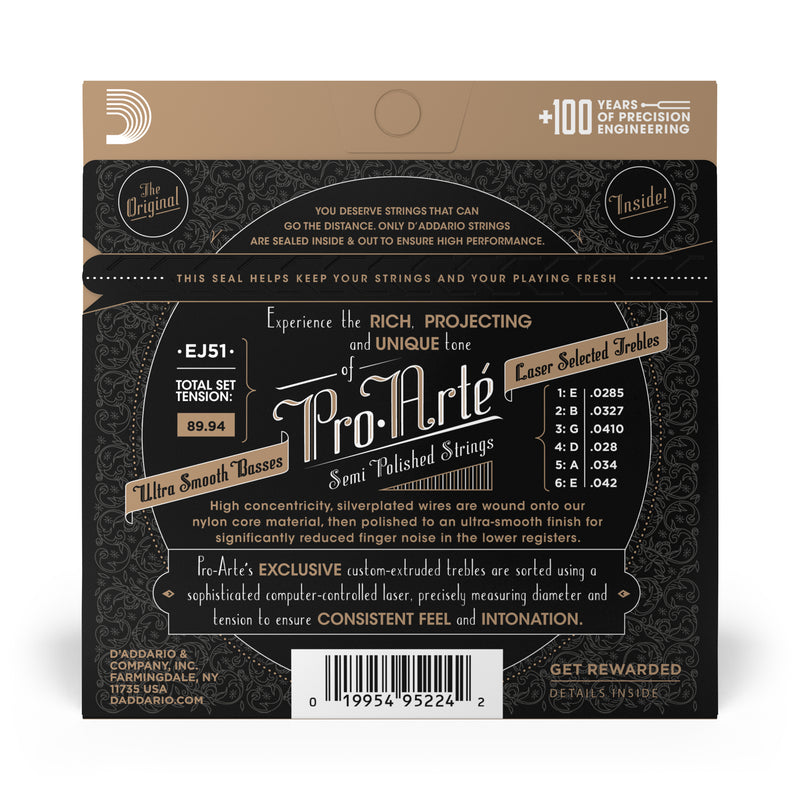 D'Addario EJ51 Pro-Arte Classical Guitar Strings with Polished Basses, Hard Tension