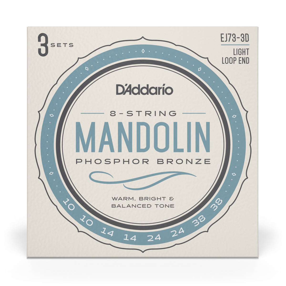 D'Addario EJ73 Mandolin Strings, Phosphor Bronze, Light, 10-38, 3 Sets