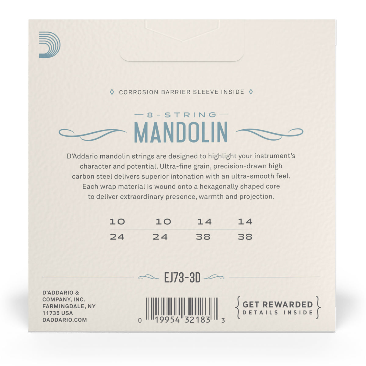 D'Addario EJ73 Mandolin Strings, Phosphor Bronze, Light, 10-38, 3 Sets