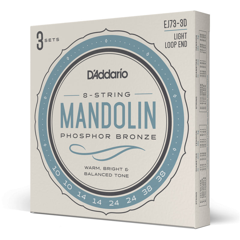 D'Addario EJ73 Mandolin Strings, Phosphor Bronze, Light, 10-38, 3 Sets
