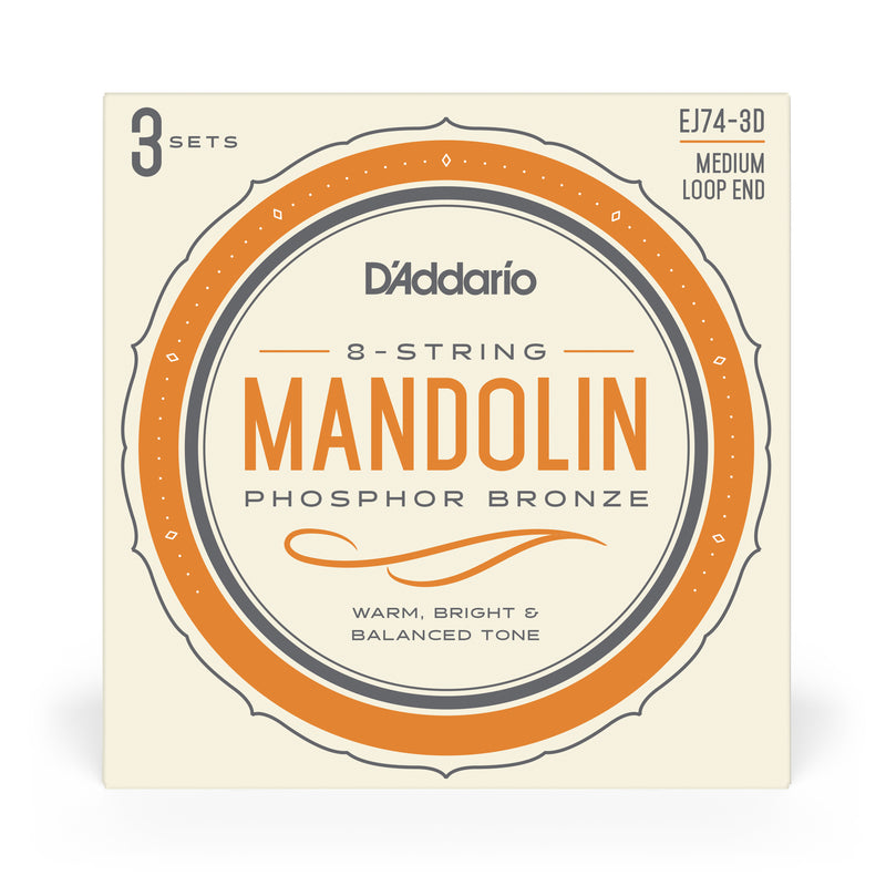 D'Addario EJ74-3D Mandolin Strings, Phosphor Bronze, Medium, 11-40, 3 Sets