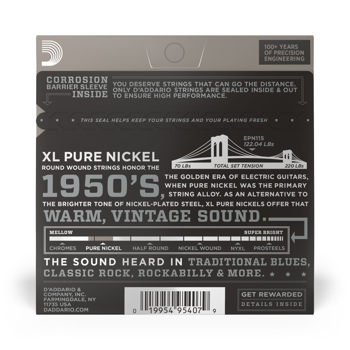 D'Addario EPN115 Pure Nickel Electric Guitar Strings, Blues/Jazz Rock, 11-48