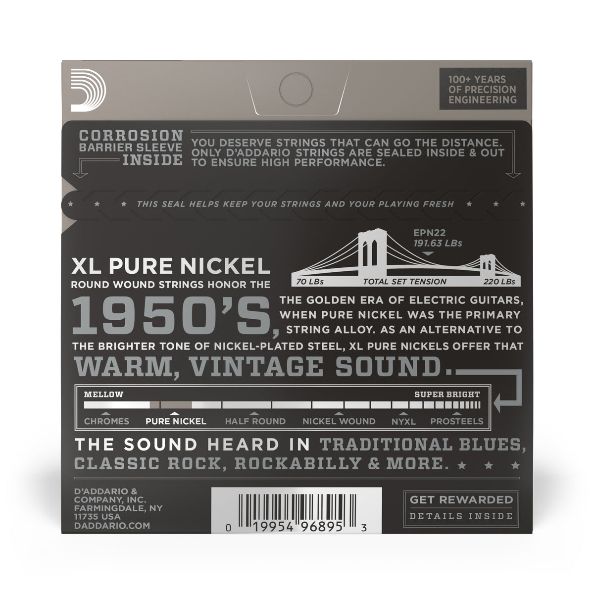 D'Addario EPN22 Pure Nickel Electric Guitar Strings, Jazz Medium, 13-55