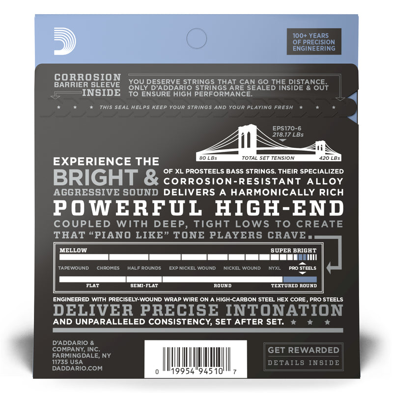 D'Addario EPS170-6 6-String ProSteels Bass Guitar Strings, Light, 30-130, Long Scale