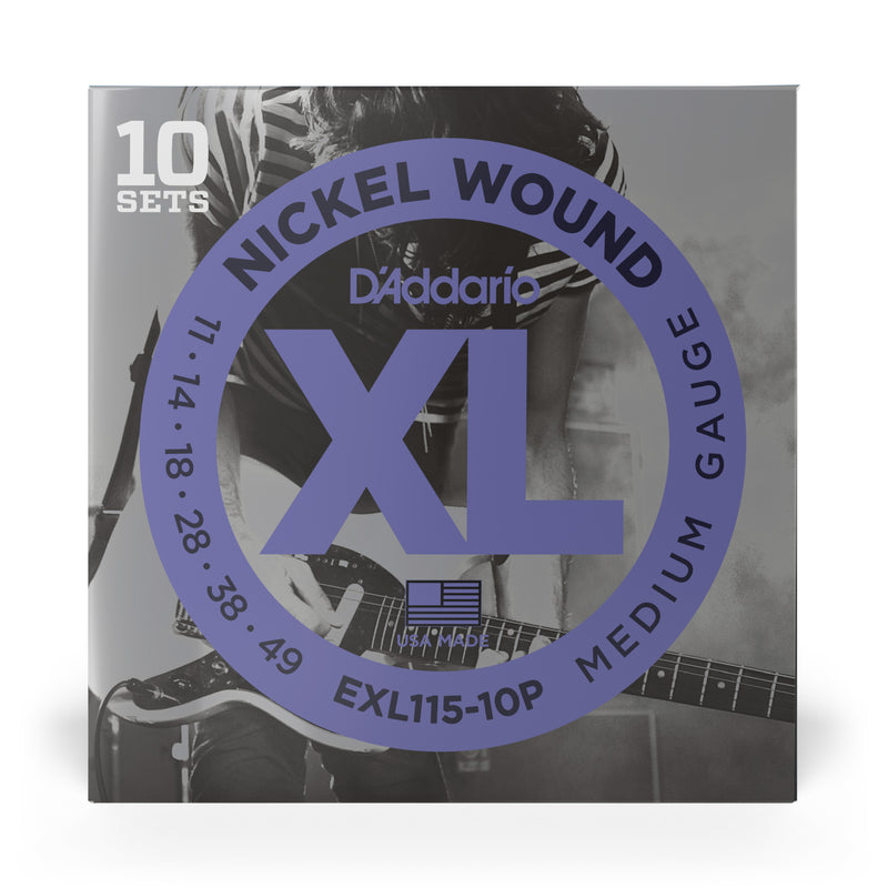 D'Addario EXL115-10P Nickel Wound Electric Guitar Strings, Medium/Blues-Jazz Rock, 11-49, 10 Sets