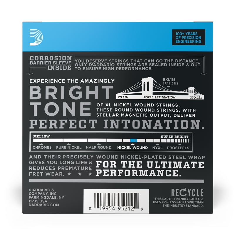 D'Addario EXL115-10P Nickel Wound Electric Guitar Strings, Medium/Blues-Jazz Rock, 11-49, 10 Sets