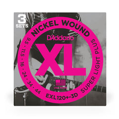 D'Addario EXL120+-3D Nickel Wound Electric Guitar Strings, Super Light Plus, 9.5-44, 3 Sets