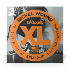 D'Addario EXL140-3D Nickel Wound Electric Guitar Strings, Light Top/Heavy Bottom, 10-52, 3 sets