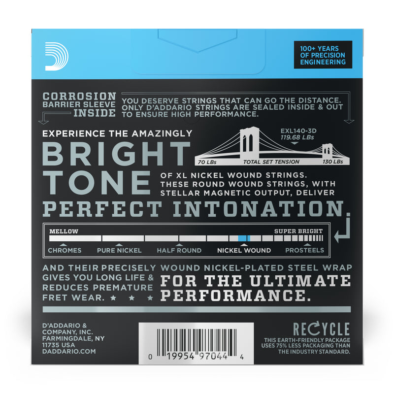 D'Addario EXL140-3D Nickel Wound Electric Guitar Strings, Light Top/Heavy Bottom, 10-52, 3 sets