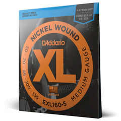 D'Addario EXL160-5 5-String Nickel Wound Bass Guitar Strings, Medium, 50-135, Long Scale