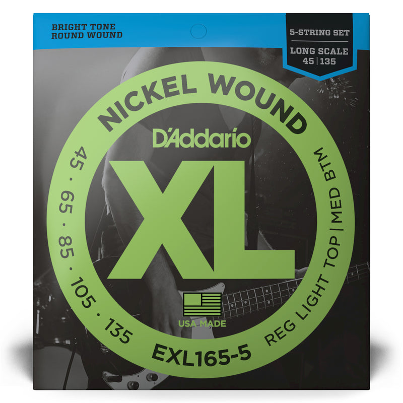 D'Addario EXL165 5-String Nickel Wound Bass Guitar Strings, Custom Light, 45-135, Long Scale
