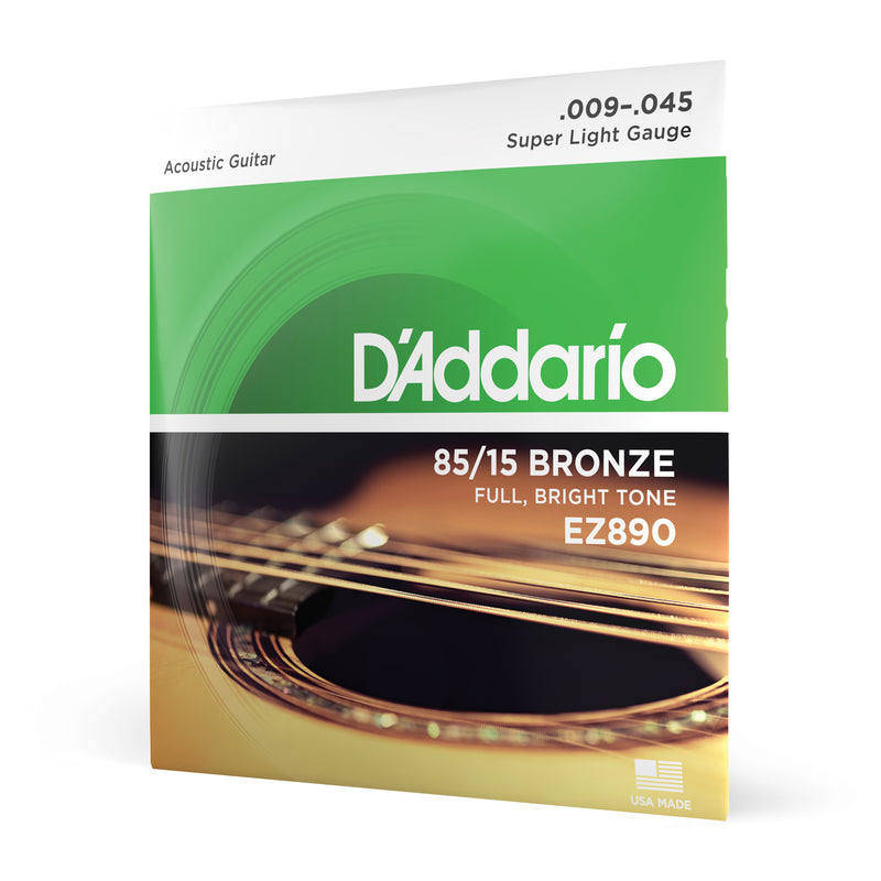 D'Addario EZ890 85/15 Bronze Acoustic Guitar Strings, Super Light, 9-45