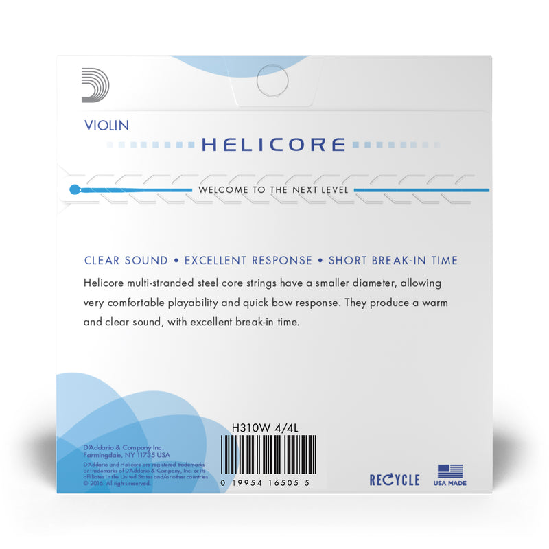 D'Addario Helicore Violin String Set with Wound E, 4/4 Scale, Light Tension
