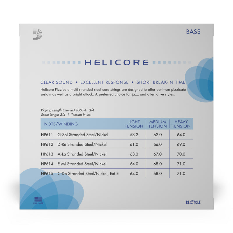 D'Addario Helicore Pizzicato Bass String Set, 3/4 Scale, Light Tension