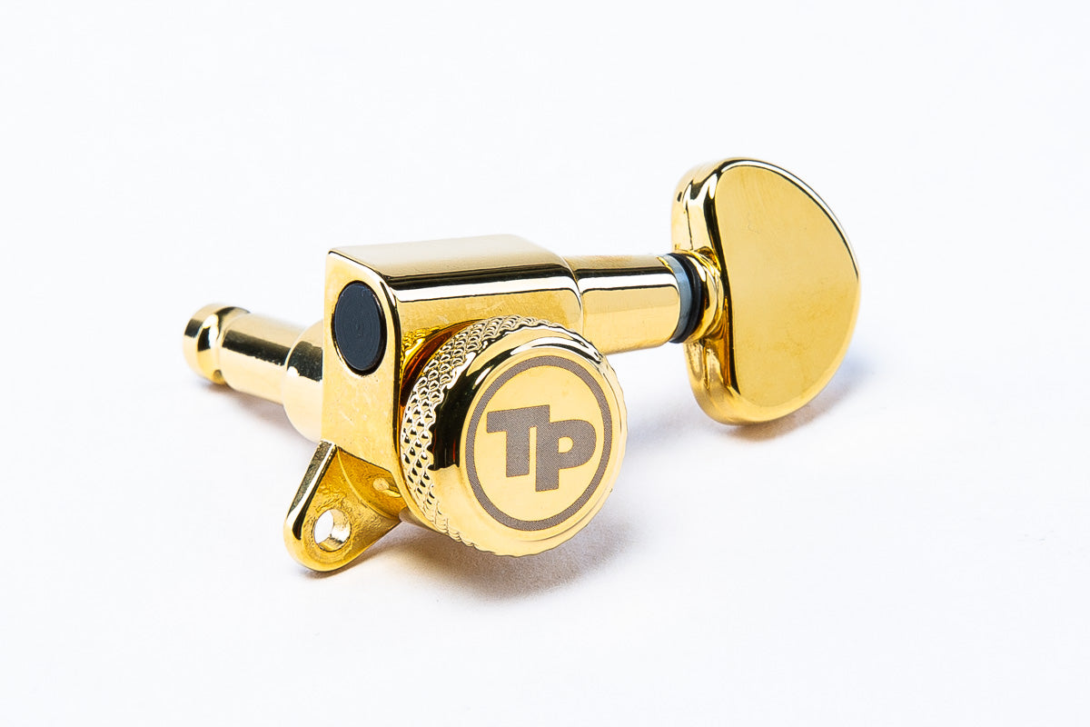 TonePros Locking Tuner, 6 in-line, 18:1 gearratio, small kidney bean button - Gold