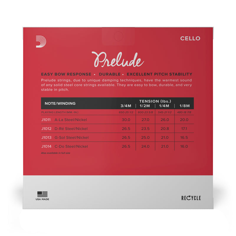 D'Addario Prelude Cello String Set, 1/8 Scale, Medium Tension