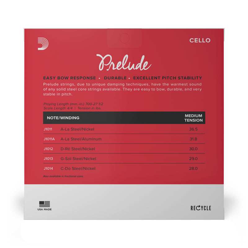 D'Addario Prelude Cello String Set, 4/4 Scale, Medium Tension