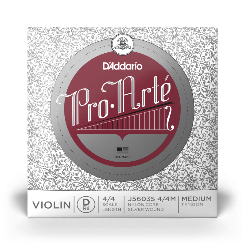 D'Addario Pro-Arte Violin Single Silver Wound D String, 4/4 Scale, Medium Tension