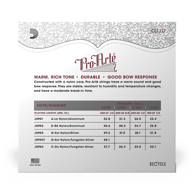 D'Addario Pro-Arte Cello String Set, 4/4 Scale, Medium Tension