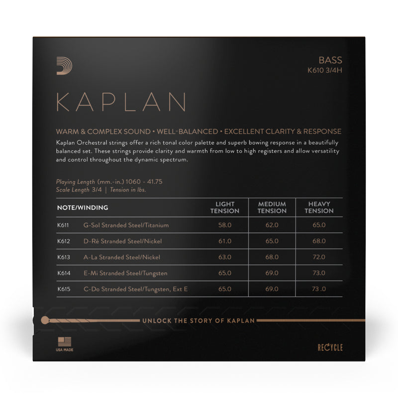 D'Addario Kaplan Bass String Set, 3/4 Scale, Heavy Tension