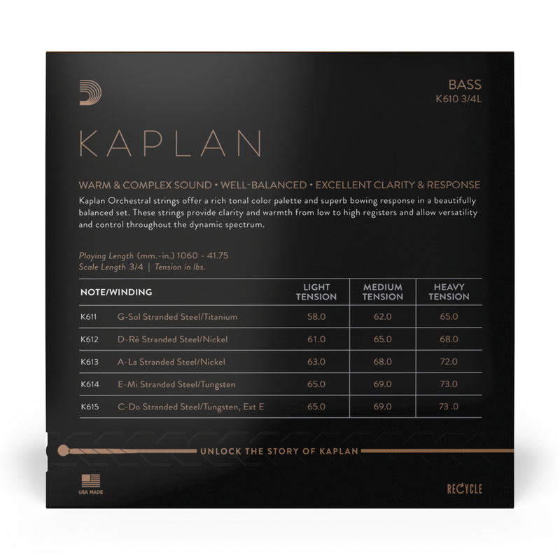 D'Addario Kaplan Bass String Set, 3/4 Scale, Light Tension