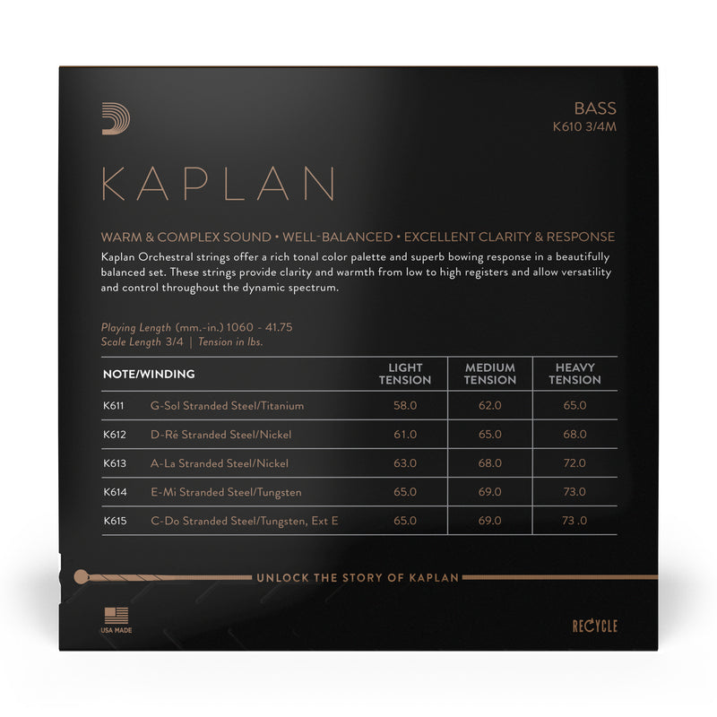 D'Addario Kaplan Bass String Set, 3/4 Scale, Medium Tension
