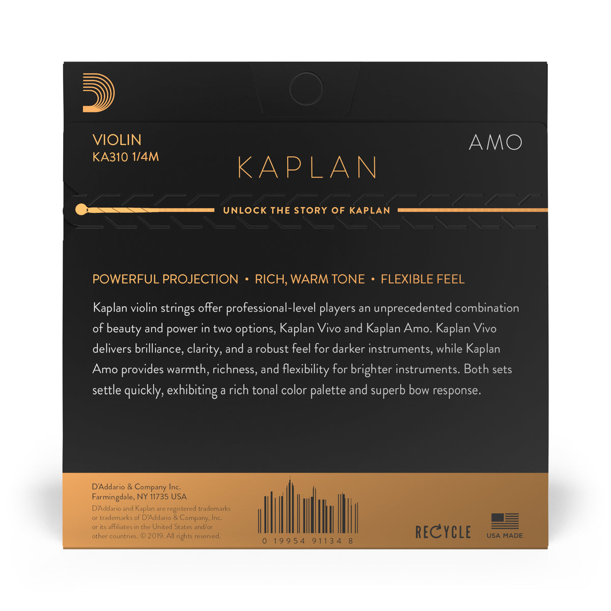 D'Addario Kaplan Amo Violin String Set, 1/4 Scale, Medium Tension