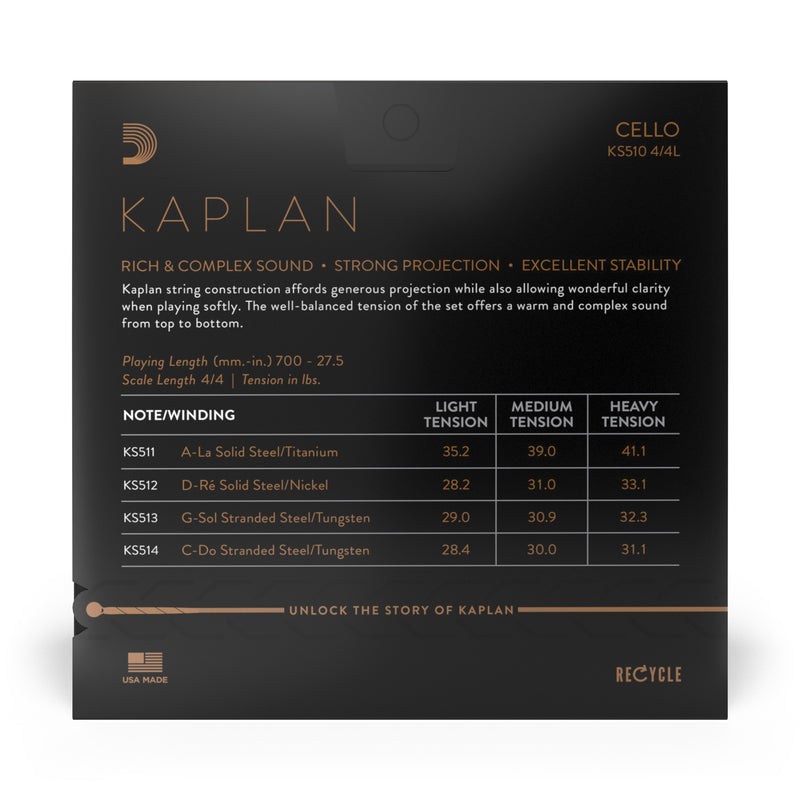 D'Addario Kaplan Cello String Set, 4/4 Scale, Light Tension