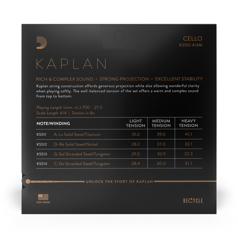 D'Addario Kaplan Cello String Set, 4/4 Scale, Medium Tension