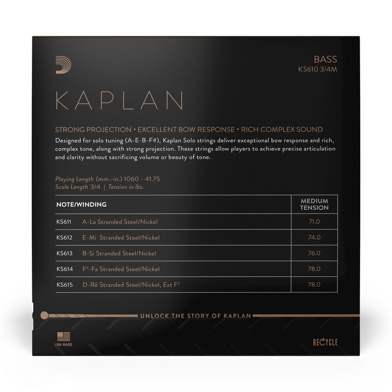 D'Addario Kaplan Solo Double Bass String Set, 3/4 Scale, Medium Tension