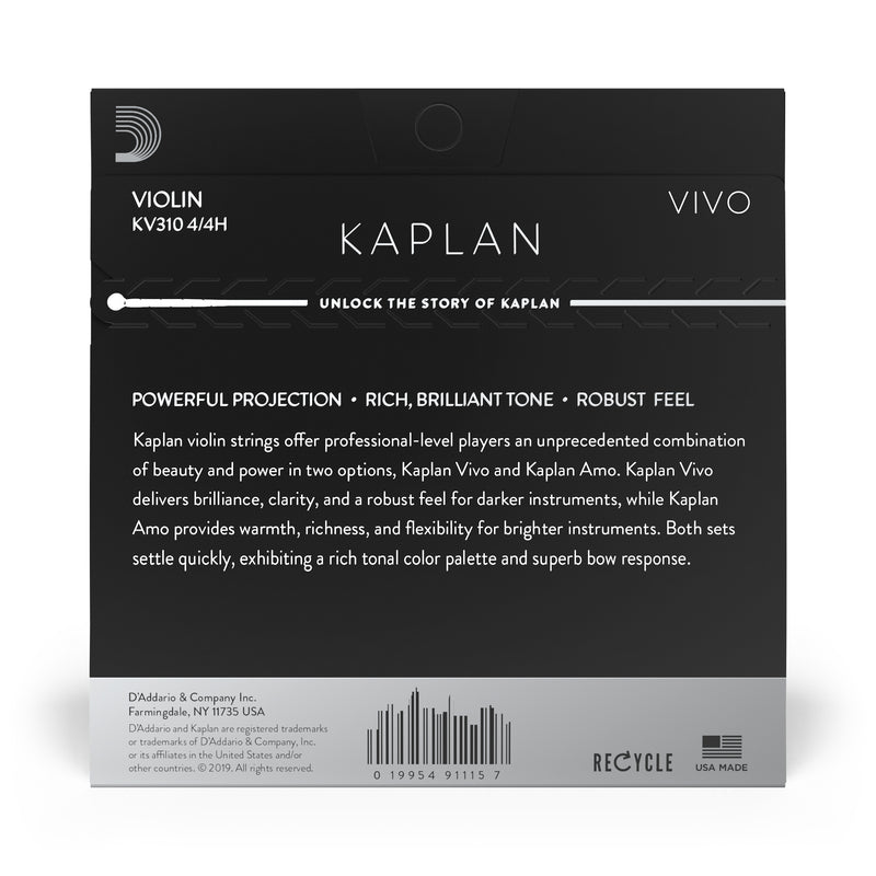 D'Addario Kaplan Vivo Violin String Set, 4/4 Scale, Heavy Tension